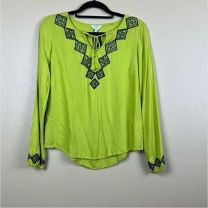 NWT Crown & Ivy Top Blouse Embroidered Blue Green Long sleeve SP
